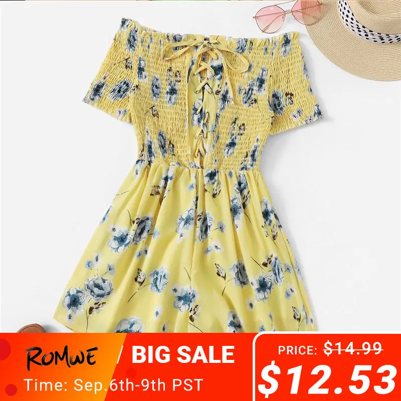 

ROMWE Yellow Floral Print Shirred Off The Shoulder Playsuit Women Summer Boho Short Sleeve Wide Leg Lace Up Frill Mini Romper