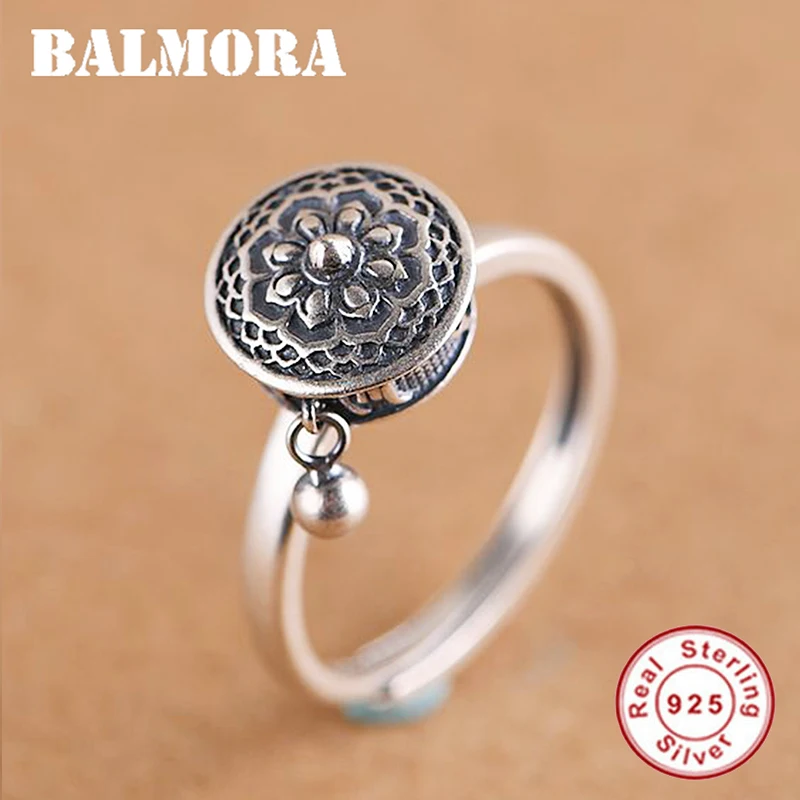 

BALMORA 100% Real Sterling Silver Rotating Rings for Women Buddhist Tibetan Prayer Wheel Ring OM Mantra Finger Ring Lady Bands