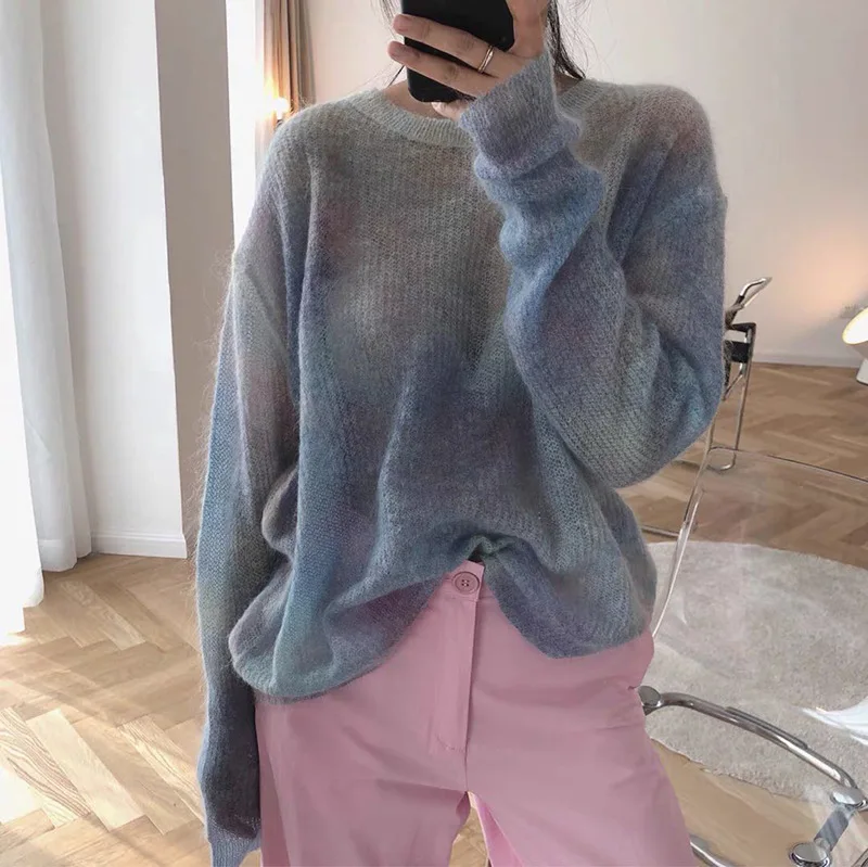 

PEONFLY Korean Style O Neck Knitwear Women's Sweater Tie-dyed Knitted Pullover Casual Soft Long Sleeve Loose Sweater Female