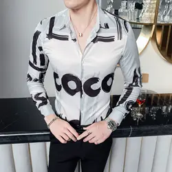 Мода 2019, осенняя рубашка с буквенным принтом, черно-белая, мужская рубашка с длинным рукавом, мужская рубашка с цветочным принтом, рубашка в