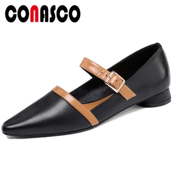 

CONASCO New Arrival Woman Pumps Genuine Leather Spring Casual Mary Jane Metal Decoration Pointed Toe Thick Heels Shoes Woman