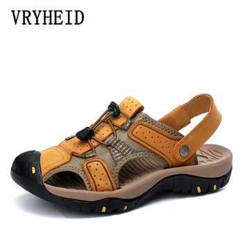 

VRYHEID Mens Sandals Summer Genuine Leather Male Beach Sandals Soft Comfortable Male Outdoor Beach Slippers Slip-ON Man Sandals