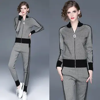 

Fall Winter New Tracksuit Woman Color Patchwork Turtleneck Zipper Knitted Cardigans+Pants 2PCS Sets Long Sleeve Knit Top Trouser