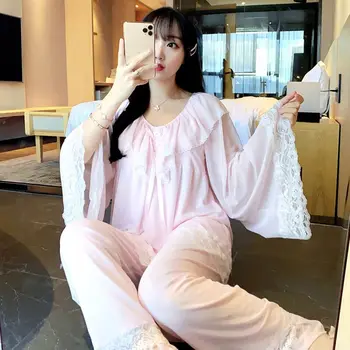 

Young Lady 2PCS Pajamas Set Sweet Lace Trim Nightwear Flare Sleeve Top&Pant Sleepwear White Cotton Autumn New Home Wear