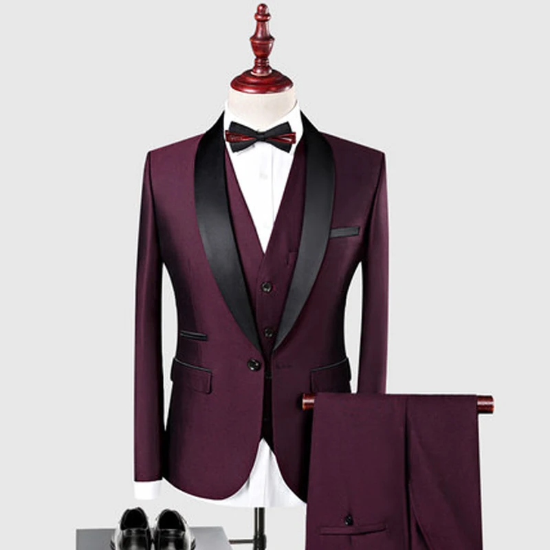 3 шт., мужские костюмы, приталенный крой, Черная шаль, лацканы, повседневный стиль, ужин, выпускной, свадьба, смокинги для жениха, мужской костюм, пиджак, брюки, жилет - Цвет: Burgundy