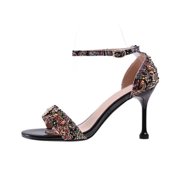 

2019 summer new small fresh high heel stiletto with cat and popular wild word with rhinestone fairy sandals