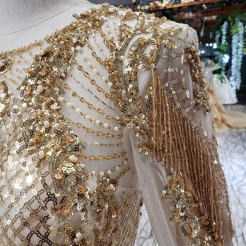 HTL527 Luxury Evening Dress 2021 Floor Length Crystal Beading O-Neck Long  Sleeve Shiny Golden For Muslim Vestidos De Fiesta - AliExpress 320