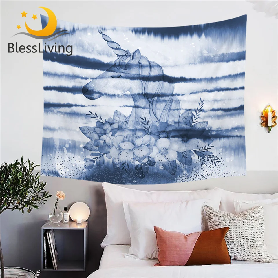 Blesslive Единорог детский гобелен цветок мультфильм стены ковер акварельные чернила синие цветочные стены Висячие tapiz 150x200 см Прямая поставка
