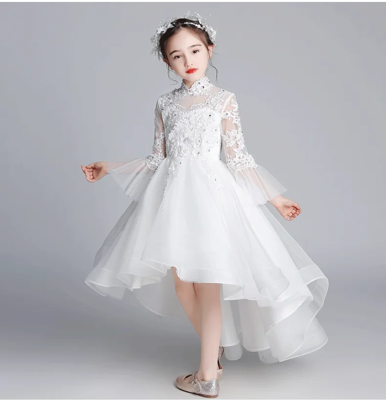 Элегантное Белое Кружевное детское платье принцессы с аппликацией из бисера для дня рождения, свадебного торжества, бальное платье с цветочным узором для девочек, платье для первого причастия