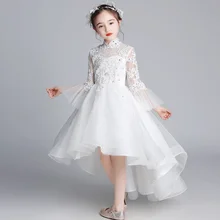 Элегантное Белое Кружевное детское платье принцессы с аппликацией из бисера для дня рождения, свадебного торжества, бальное платье с цветочным узором для девочек, платье для первого причастия
