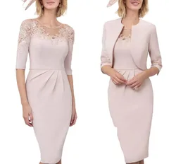 2022 Pink Knee Length Mother of the Bride Dress Jacket Included Appliques Beaded Satin Guest Formal Party Gowns Vestidos