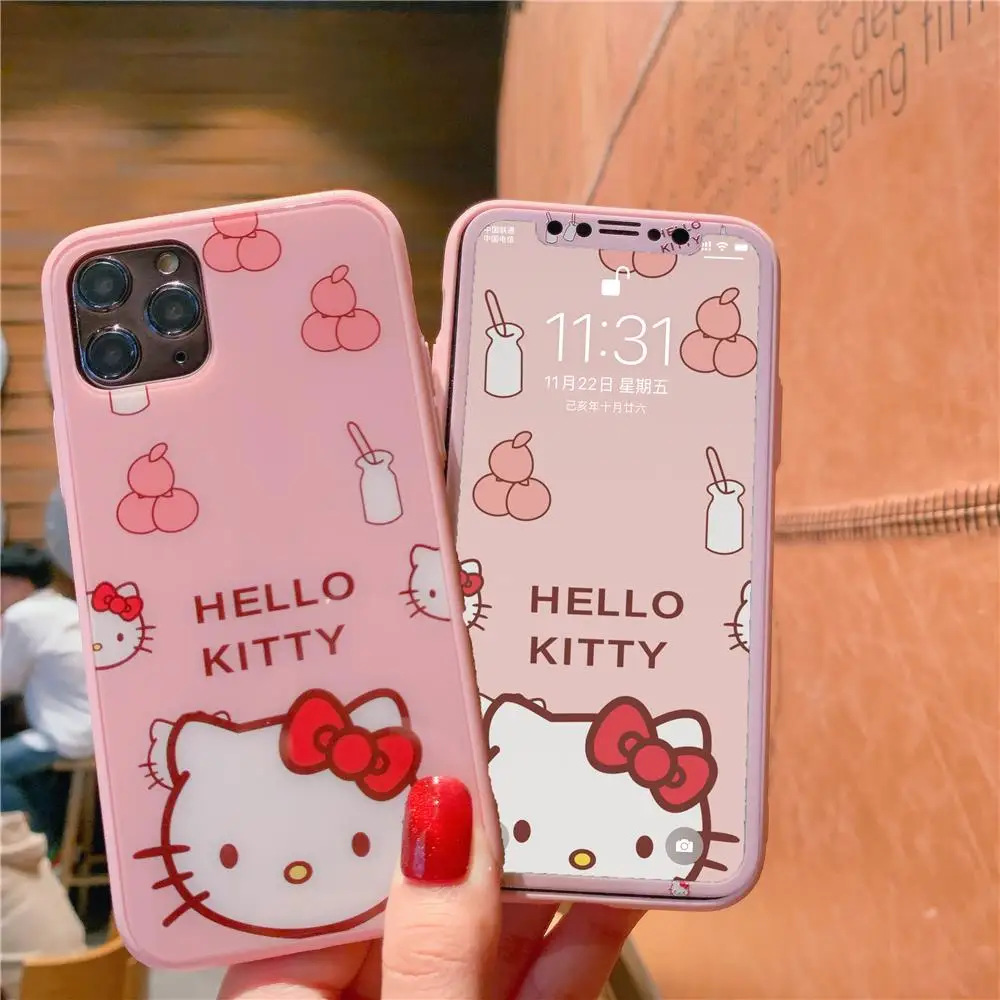 Hello kitty из закаленного стекла Двухсекционный чехол для телефона для iphone 11 Pro Max 6 6splus 7 8 plus X XR XS MAX прекрасная закаленная пленка
