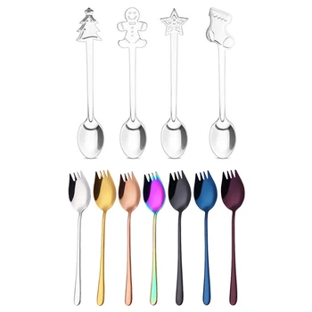 

4Pcs Cartoon Stainless Steel Spoon Coffee Spoon & 7Pcs Spoon Fork Long Handle Salad Spoon Reusable Stainless Steel