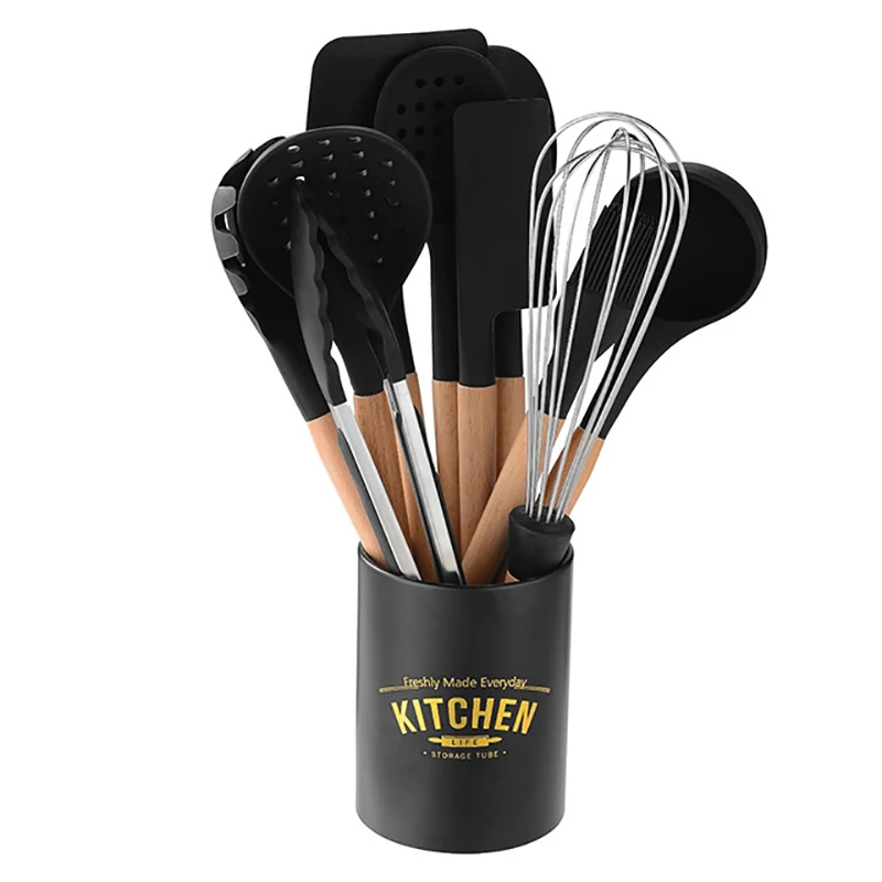 New Silicone Cooking Utensils Set Non-Stick Spatula Soup Spoon Eggbeater Food Clip Wooden Handle with Storage Box Kitchen Tool