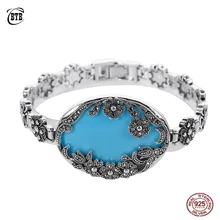 Настоящий 925 пробы, серебряный овальный винтажный браслет, черный кристалл, цветы, натуральный синий камень, тайские серебряные ювелирные изделия для женщин