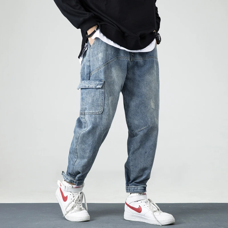 

2020 Newly Fashion Streetwear Men Jeans Retro Blue Loose Fit Denim Harem Pants Embroidery Designer Hip Hop Jeans Men Cargo Pants