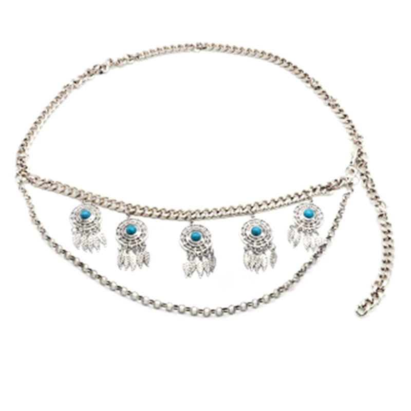 

Turquoise Round Pendant Fashion Waist Chain Belly Dance Beach Flower Silver Belt