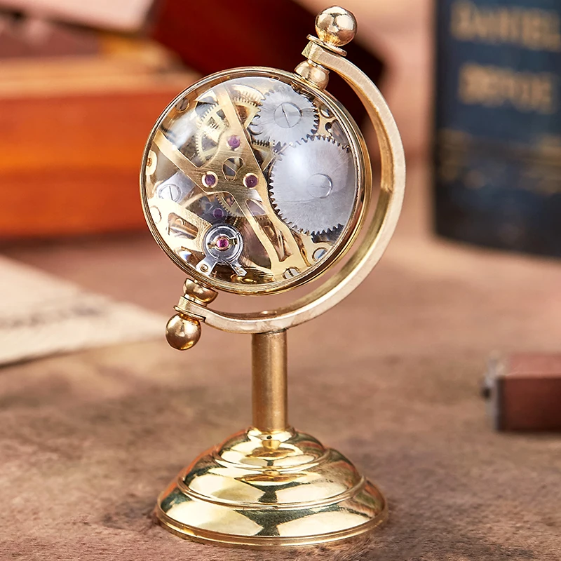 Fashion Luxury Mechanical Pocket Watch Unique Transparent Spinning Globe Hand Winding Watches Gold Desk Decoration Clock reloj