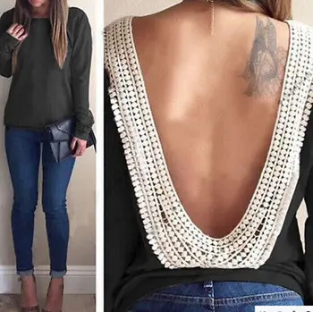 

Sexy Women Backless Tops T-Shirt Long Sleeve Casual Lace Open Back