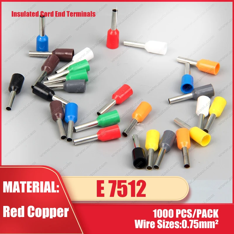 1000pcs/pack E7512 PVC Insulated Terminals Wire Connectors Bootlace Ferrules For 0.75mm2 20 AWG 12mm of Pin Length | Обустройство