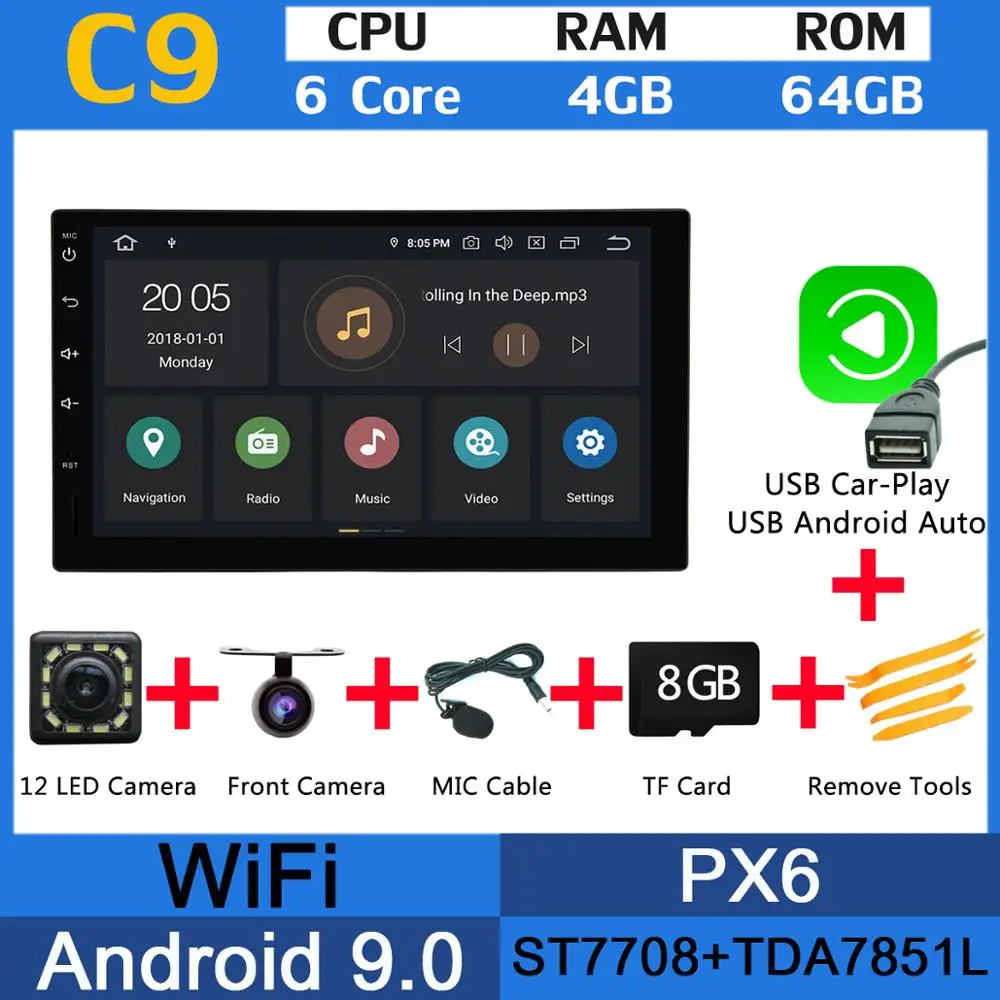 " 2din 2 din PX6 4G+ 64G Android 9,0 Универсальный Multimidia двойной Din автомобильный dvd радио плеер gps головное устройство Авторадио DSP CarPlay - Цвет: PX6 USB CarPlay