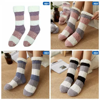 

Women Adult Striped Socks Winter Warm Sleep Home Plus Velvet Floor Fluffy Socks Coral Velvet Warmer Christmas Gift