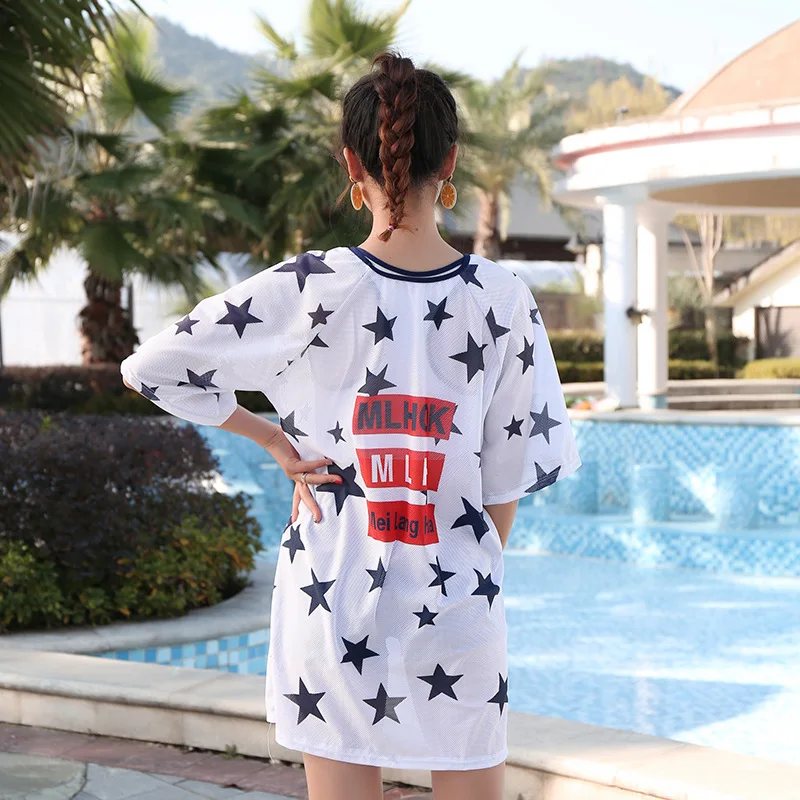 

2019 New Style Korean-style WOMEN'S Swimsuit Three-piece Set Star Printed Letter Trend Split Type Wireless Cup Bathing Suit