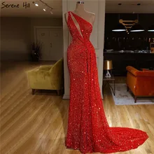 Dubai Red One Shoulder Sexy Evening Dresses 2021 Mermaid Beading Sequins Luxury Formal Dress Serene Hill LA70297