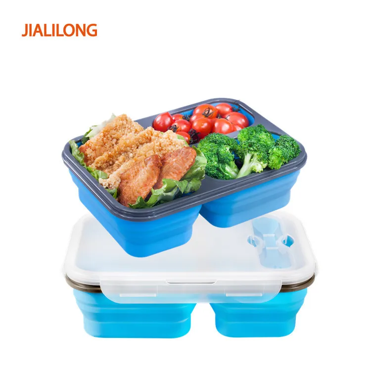 Three Grid Silicone Folding Lunch Box through FDA Lfgb Standard Test Guangdong Manufacturers Portable Lunch Box