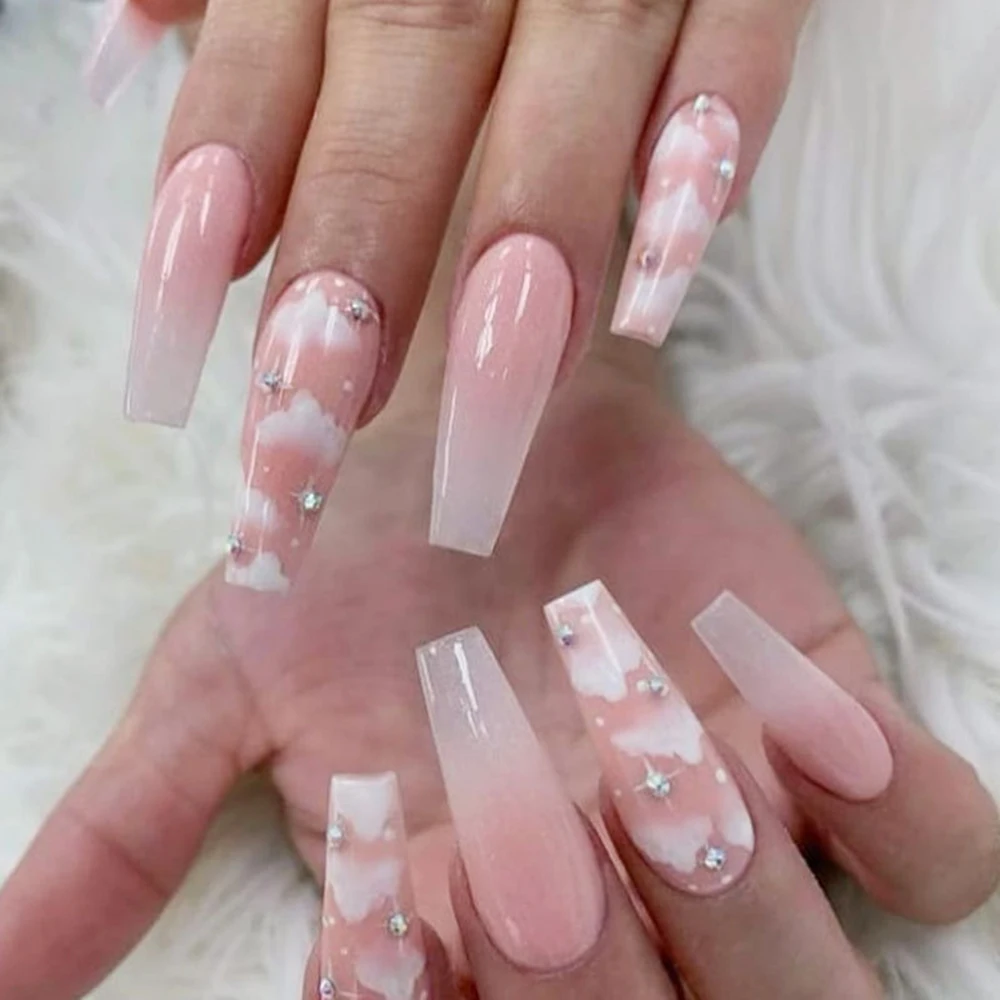 24pcs Long Ballerina Fake Nails Pink Clouds Design Super Long Coffin False  Nails Full Cover Detachable Nail Art Accessories - False Nails - AliExpress
