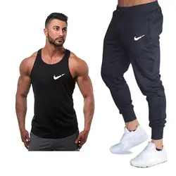 Новые модные хлопчатобумажные рубашки без рукавов майка + брюки Мужская рубашка для фитнеса мужская фуфайка для бодибилдинга тренажерные