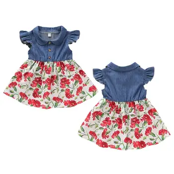 

New Arrival Summer Baby Girl Flower Print Flare Sleeve Denim Casual Patchwork Toddler Infant Girl Dresses Costume Dropshipping