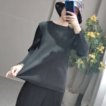 

LANMREM 2020 Autumn New Women's Folds Thick Solid Color Round Neck Long-sleeved Temperament Large Size T-shirt Tops 19B-a171