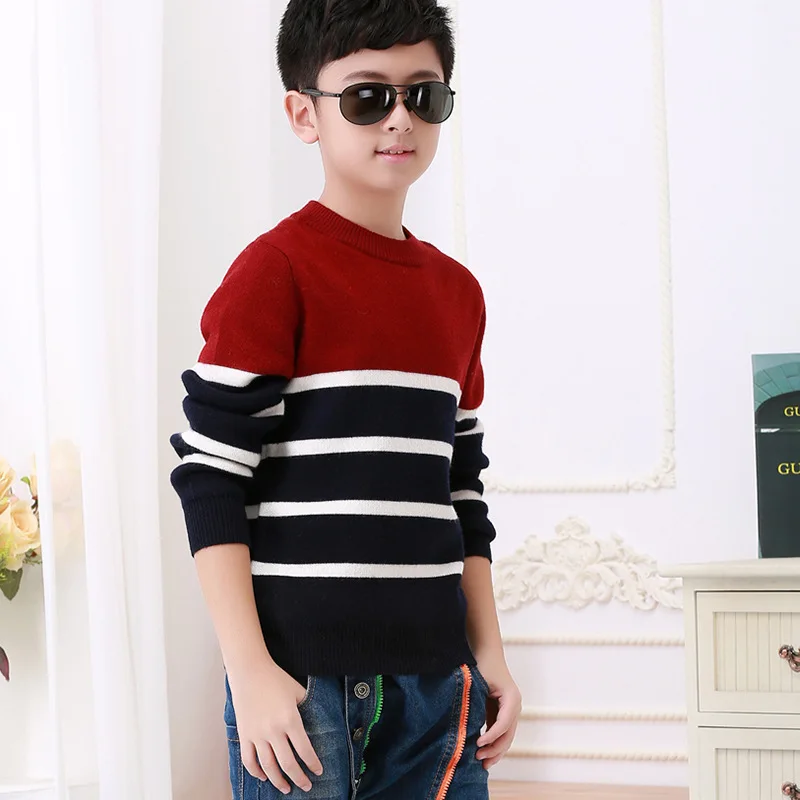 

New Style BOY'S Mixed Colors Sweater Children Stripes Pullover Base Shirt Contrast Color Cashmere Sweater Casual Warm