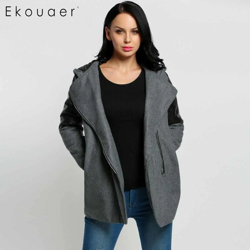 Ekouaer, женская мода, с капюшоном, с отворотом, с длинным рукавом, пэчворк, зимняя, повседневная, на молнии, верхняя одежда, тренчкот, модное повседневное пальто