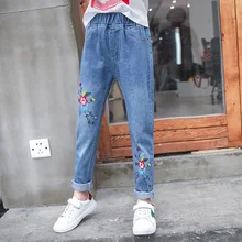 Осенняя одежда новые стильные ковбойские брюки с вышивкой для девочек Джинсы для больших мальчиков прямые джинсы для девочек весна-осень
