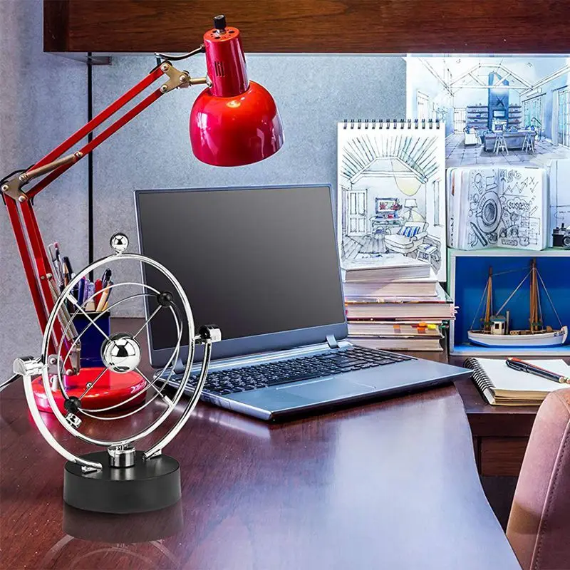 Perpetual Motion Desk Sculpture Toy- Kinetic Art Galaxy Planet Balance Mobile- Magnetic Executive Office Home Decor Tabletop T