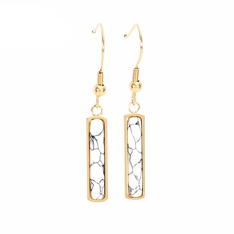 RIR Stainless Steel Gold Outline Rectangle White Marble Drop Earrings Natural Artificial Stone Ladies Jewelry | Украшения и