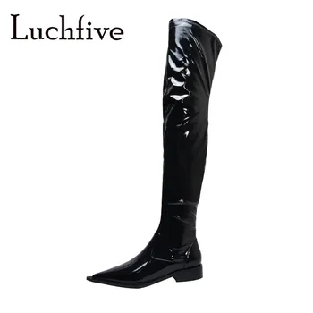 

Luchfive Pointed Toe Flat Thigh High Boots Shiny Black Leather Slim Fit Stretch Boots Sock Style Shoes Women