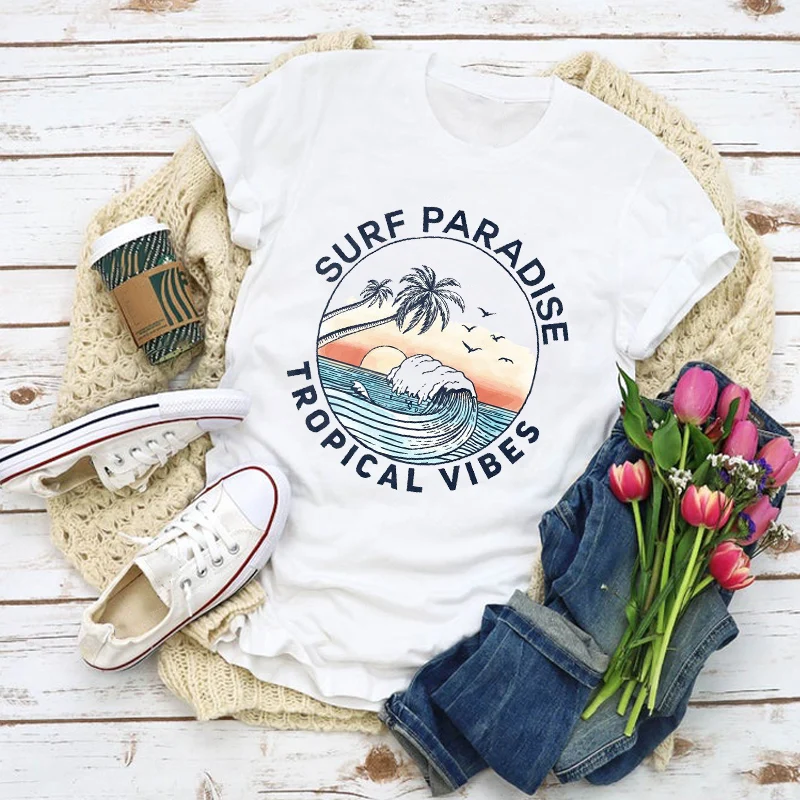 Kadın grafik plaj dalga Vacay moda moda baskı yaz gömlek Tops bayan giyim T-Shirt bayan giyim Tee kadın T Shirt