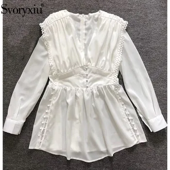 

Svoryxiu Runway Designer Summer Sexy Party White Mini Dresses Women's Long SleeveV-Neck Single-Breasted Dress Vestdios