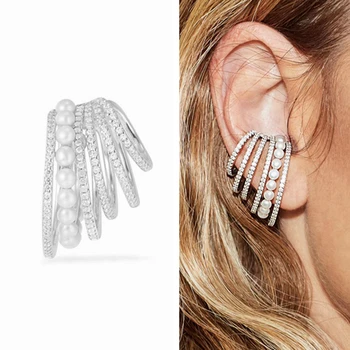 

Large Crystal Zircon 925 Sterling Silver Pearl Cuff Clip Earrings Geometric Multicircle Round Clip Ear Women Wedding Jewelry
