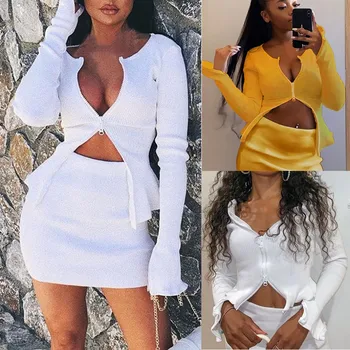 

Women Casual Double Zipper Skirt Suit Long Sleeve Crop Tops + Skirt Fashion Women Girl Skirt Summer Short Skirt Dropshipping