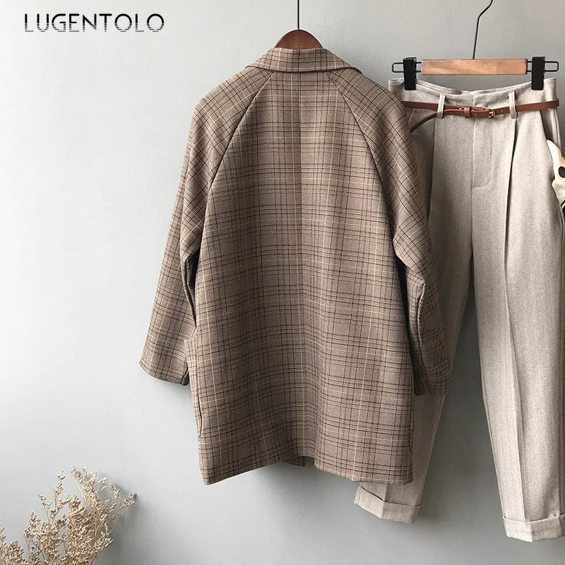 Lugentolo женские блейзеры осенние новые винтажные повседневные свободные клетчатые двубортные прямые женские модные кофейные пиджак с карманами