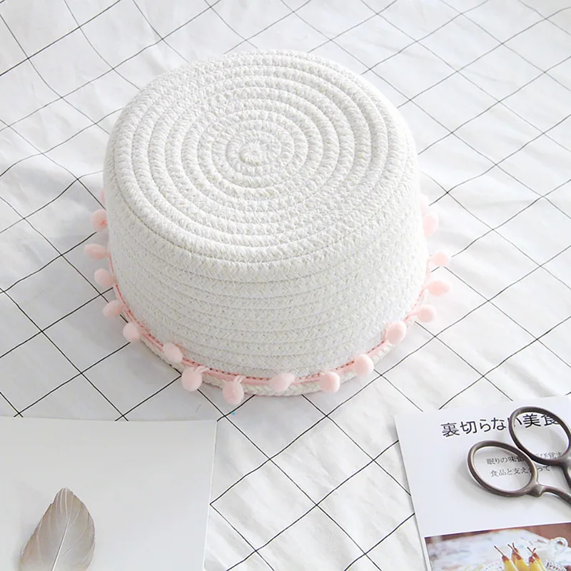Household Unique Woven Wool Ball Storage Basket Home Decoration Cotton Thread Storage Basket White Laundry Basket