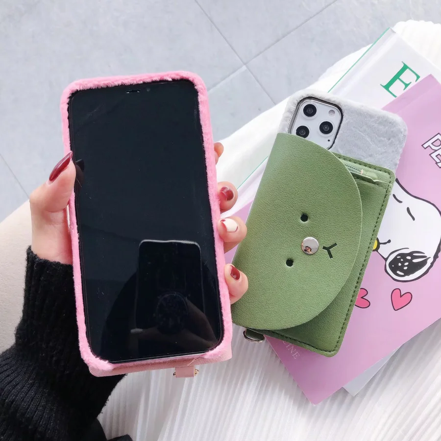Мультяшный медведь ремешок для кошелька чехол для iPhone 11 Pro Xs Max X Xr 6 6s 7 8 Plus конфетный Кошелек для монет шейный шнур плюшевый пух чехол