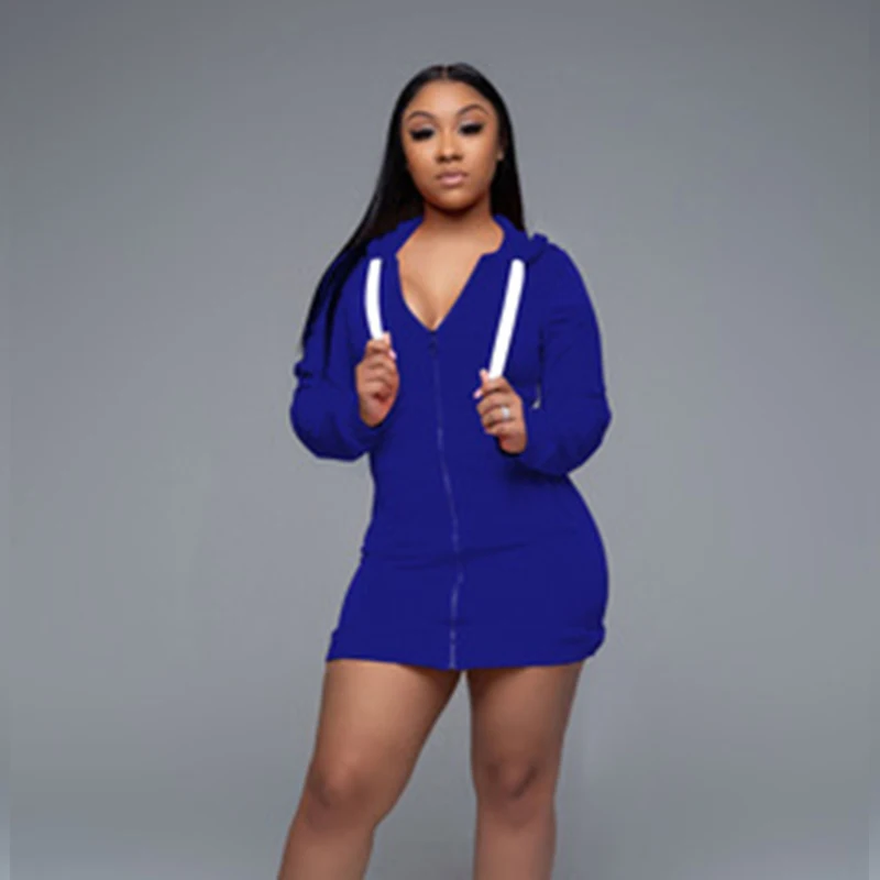 

Fashion Women Long Sleeve Hooded Sweatshirt Casual Solid Mini Sweatshirt Dress Autumn Winter Zipper Cardigans Streetwear