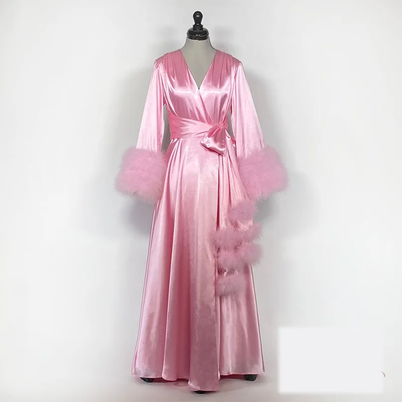 Feather Pink Night Robe V Neck Long Sleeves Sash Bow Side Split Party