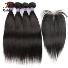

4 Bundles with Lace Closure Middle Part 260g/set Black Color Straight Remy Human Hair Weave Extension 12-22inch Bobbi Collection
