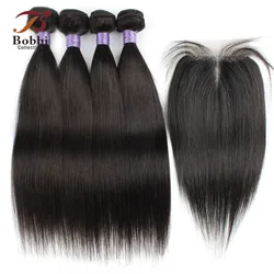 4 Bundles with Lace Closure Middle Part 260g/set Black Color Straight Remy Human Hair Weave Extension 12-22inch Bobbi Collection